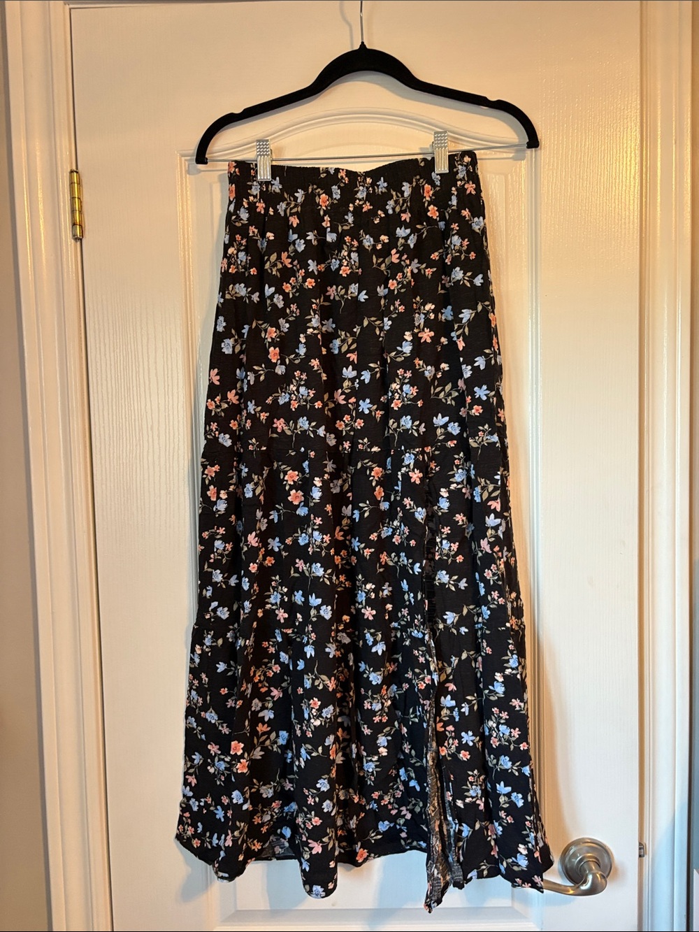Black Floral Maxi Skirt with Pink & Blue Blooms